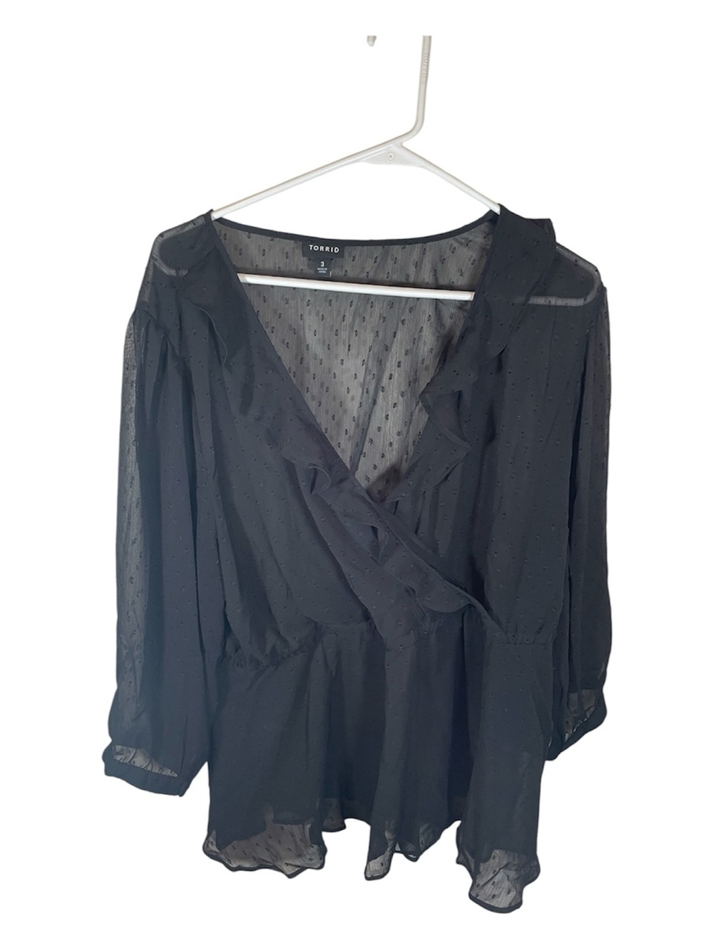 Torrid Black Swiss Dot Chiffon Ruffle Surplice Peplum Blouse Top Plus Size